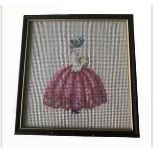 Vintage John Wanamaker Needlepoint Wood Frame Fine Art Women & Flowers Victorian
